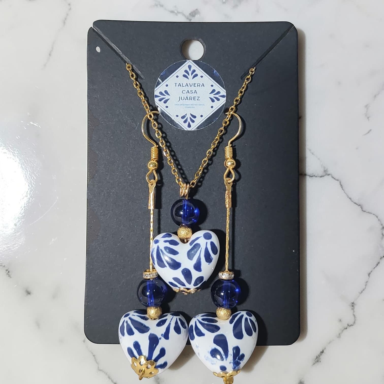 Collar y Aretes — Corazón Azul